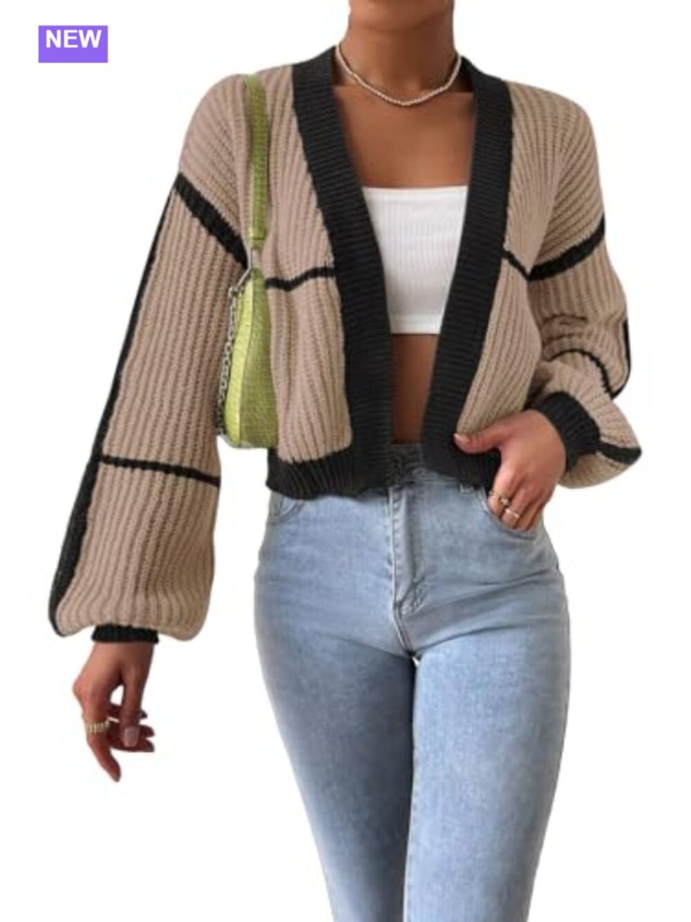 Color Block Crop Cardigan Bishop Sleeve Open Front Sweater